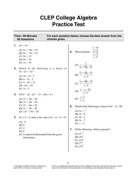 college algebra clep test